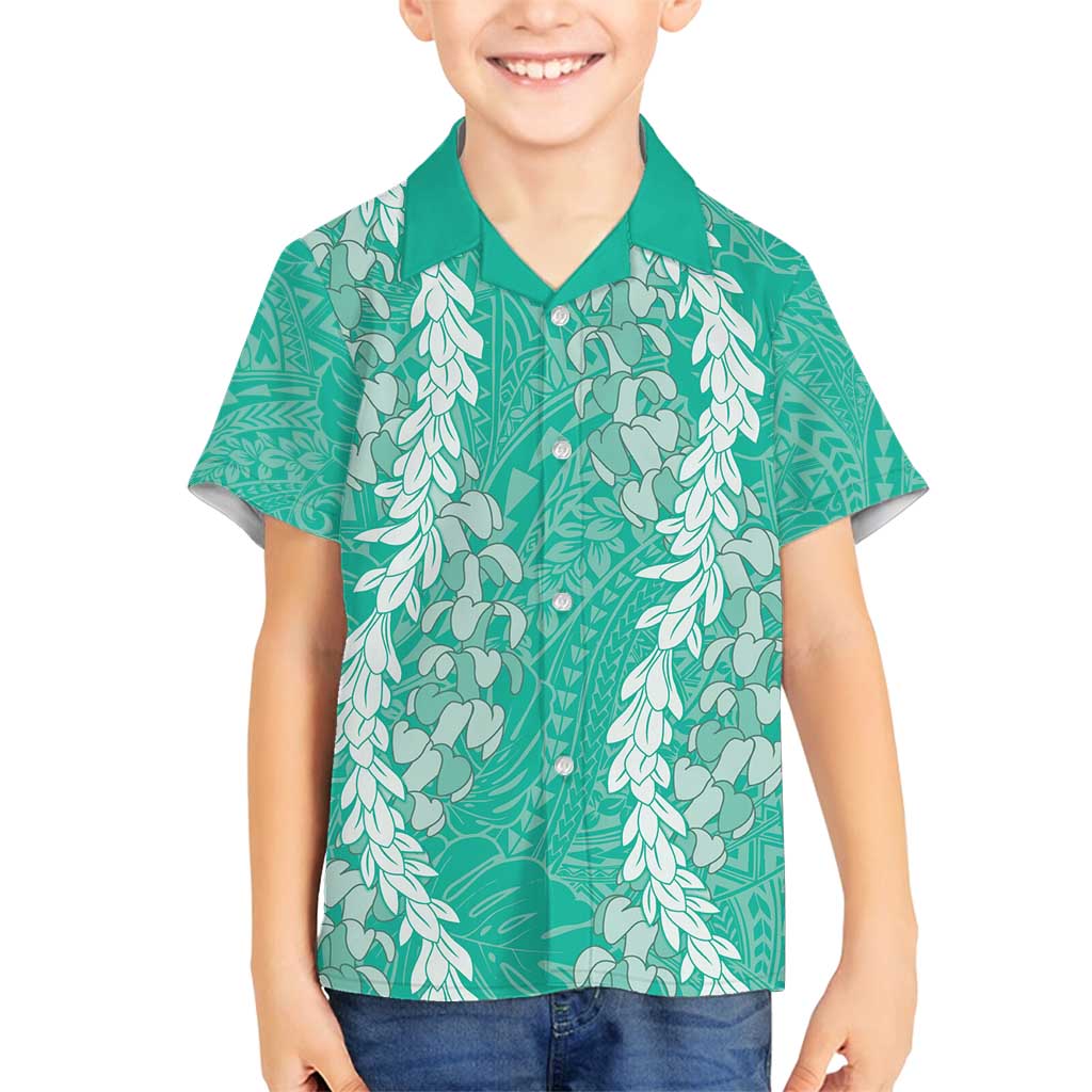 Puakenikeni and Maile Lei Family Matching Puletasi and Hawaiian Shirt Sage Green Double Strand Lei LT9 Son's Shirt Sage Green - Polynesian Pride