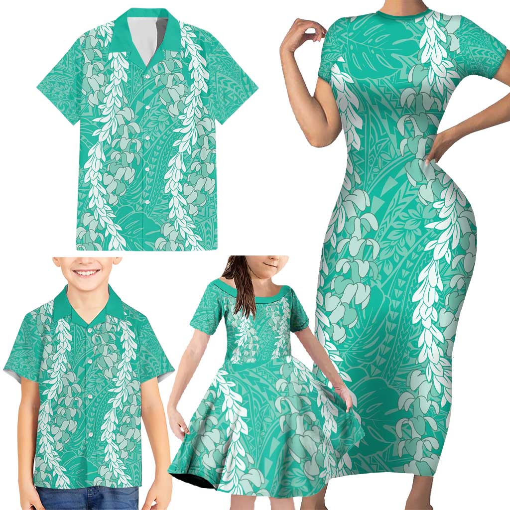 Puakenikeni and Maile Lei Family Matching Short Sleeve Bodycon Dress and Hawaiian Shirt Sage Green Double Strand Lei LT9 - Polynesian Pride