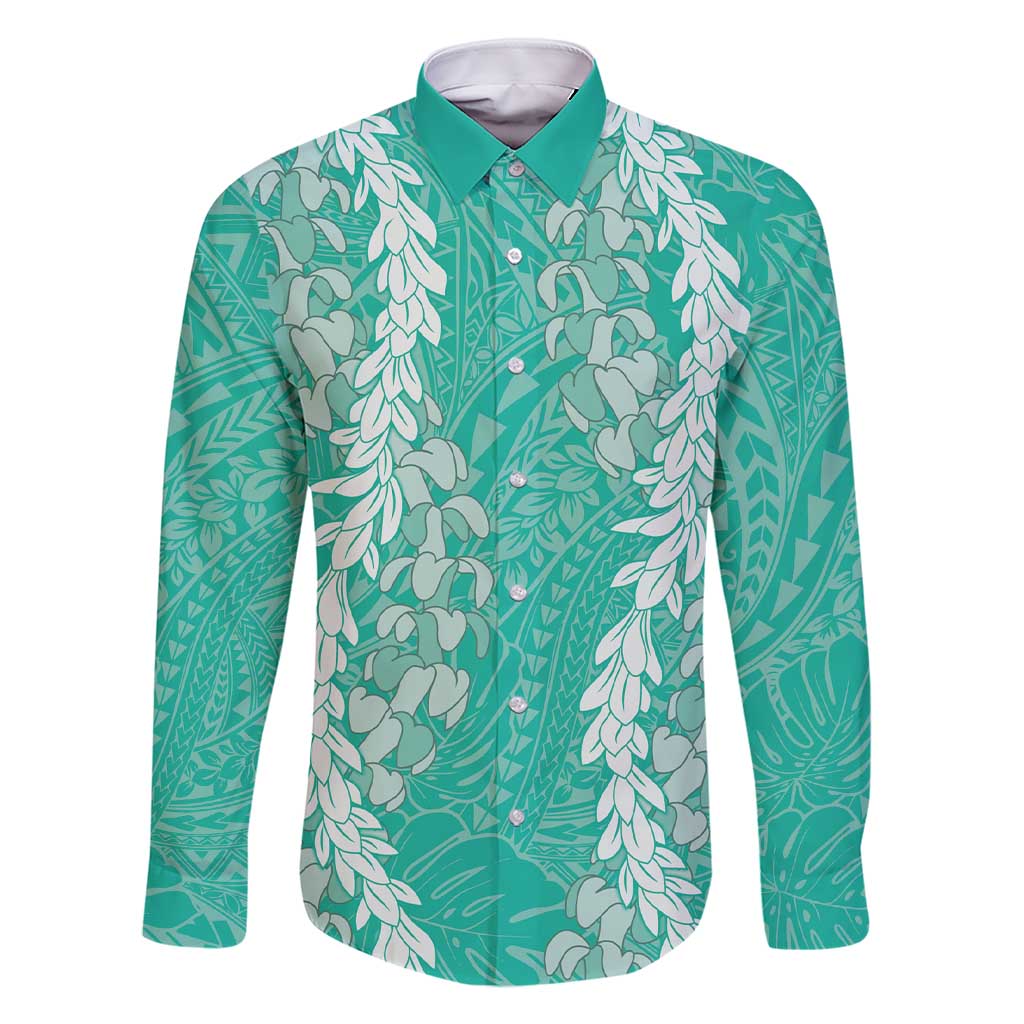 Puakenikeni and Maile Lei Family Matching Short Sleeve Bodycon Dress and Hawaiian Shirt Sage Green Double Strand Lei LT9 Dad's Shirt - Long Sleeve Sage Green - Polynesian Pride