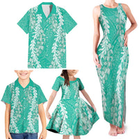 Puakenikeni and Maile Lei Family Matching Tank Maxi Dress and Hawaiian Shirt Sage Green Double Strand Lei LT9 - Polynesian Pride