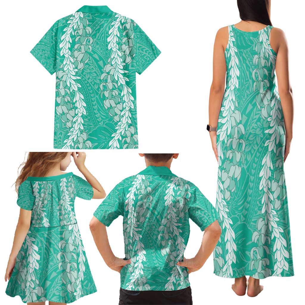 Puakenikeni and Maile Lei Family Matching Tank Maxi Dress and Hawaiian Shirt Sage Green Double Strand Lei LT9 - Polynesian Pride