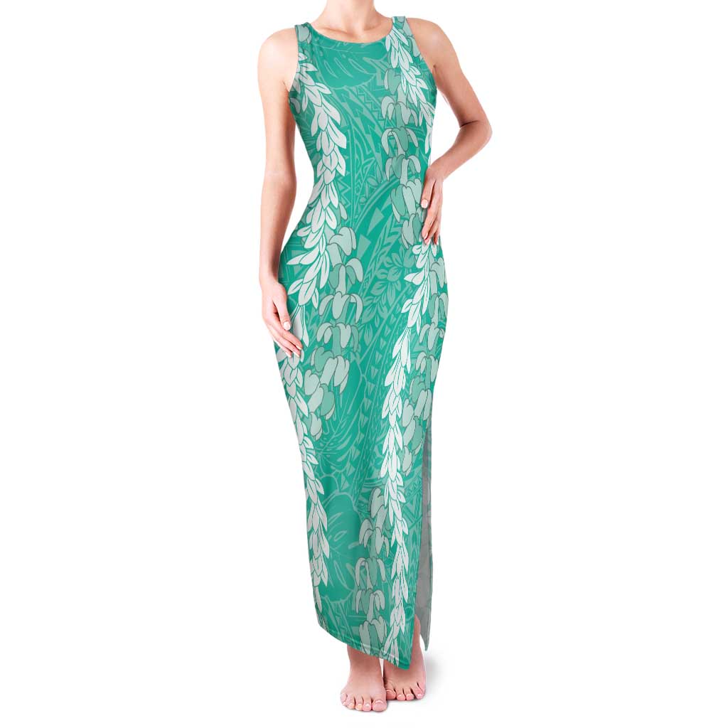 Puakenikeni and Maile Lei Family Matching Tank Maxi Dress and Hawaiian Shirt Sage Green Double Strand Lei LT9 Mom's Dress Sage Green - Polynesian Pride