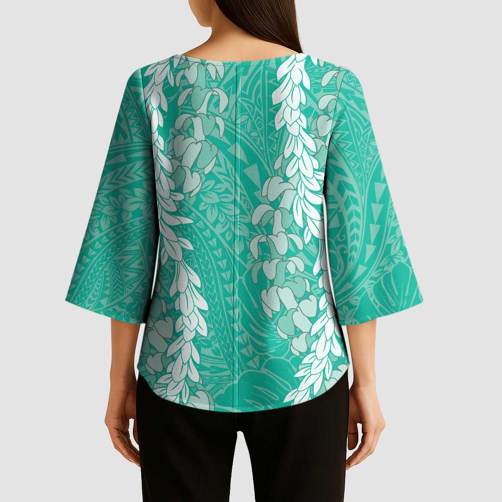 Puakenikeni and Maile Lei Kimono Sleeve Blouse Sage Green Double Strand Lei - Polynesian Pride