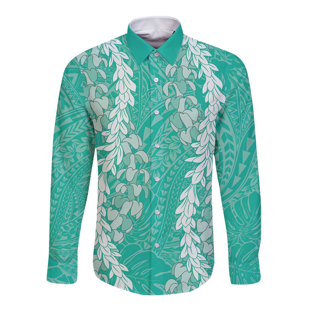 Puakenikeni and Maile Lei Long Sleeve Button Shirt Sage Green Double Strand Lei