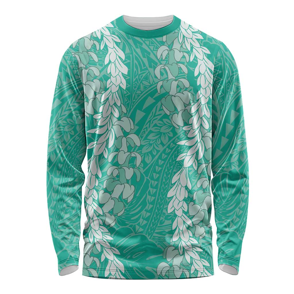 Puakenikeni and Maile Lei Long Sleeve Shirt Sage Green Double Strand Lei