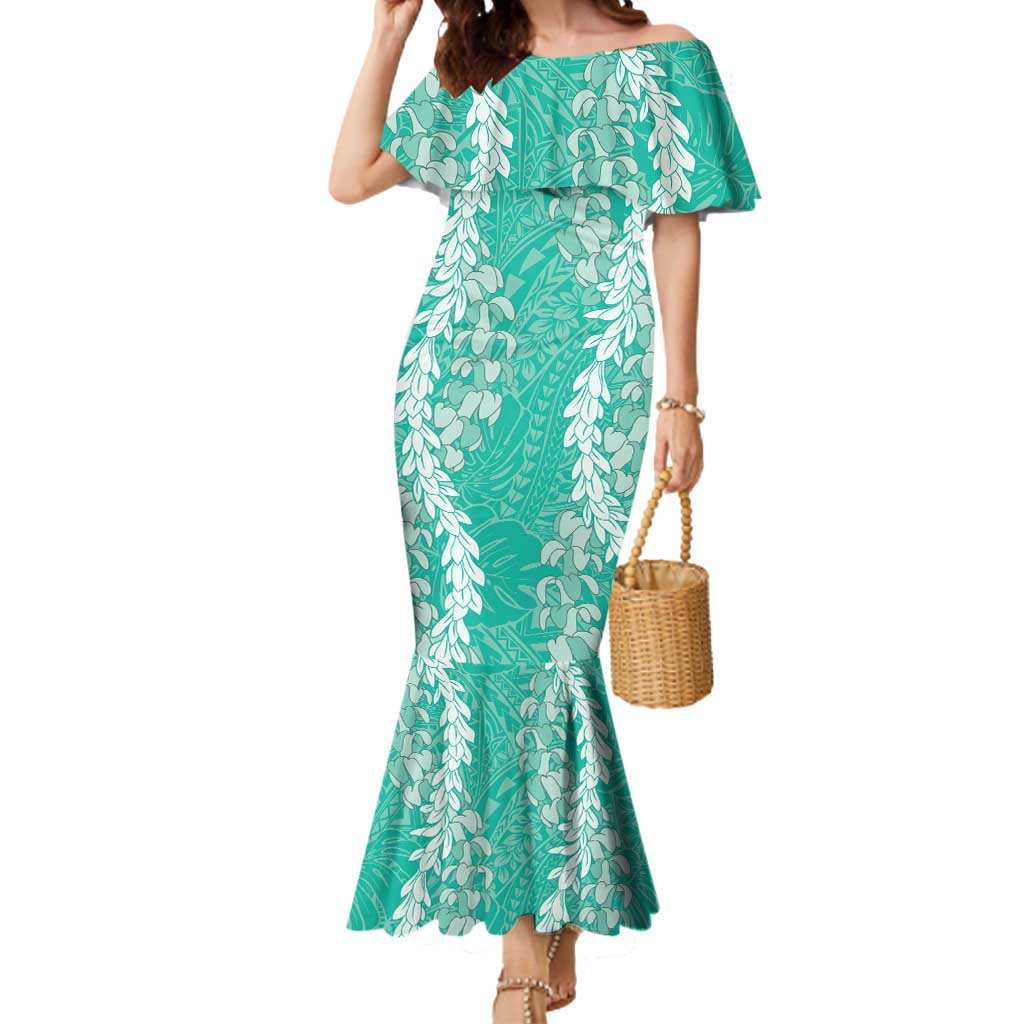 Puakenikeni and Maile Lei Mermaid Dress Sage Green Double Strand Lei