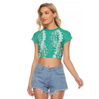 Puakenikeni and Maile Lei Raglan Cropped T Shirt Sage Green Double Strand Lei