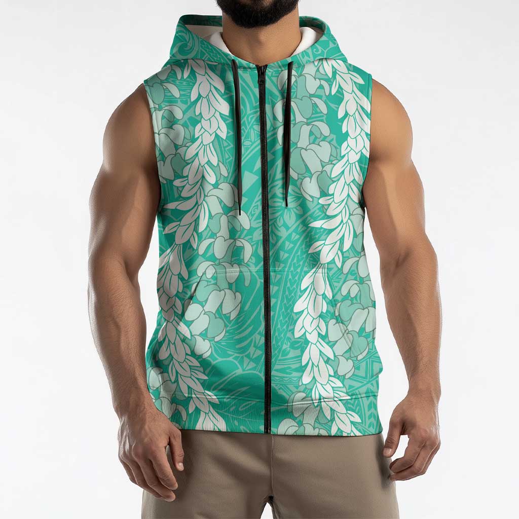 Puakenikeni and Maile Lei Sleeveless Zip Hoodie Sage Green Double Strand Lei - Polynesian Pride