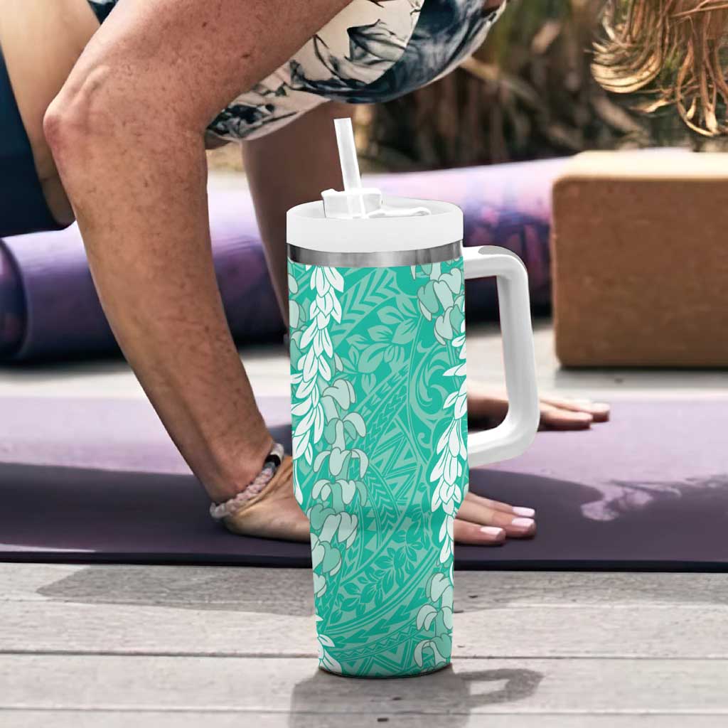 Puakenikeni and Maile Lei Tumbler With Handle Sage Green Double Strand Lei