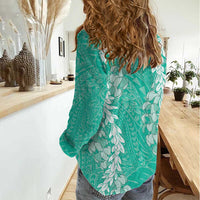 Puakenikeni and Maile Lei Women Casual Shirt Sage Green Double Strand Lei