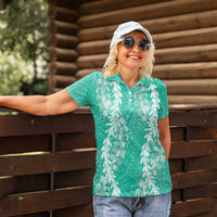 Puakenikeni and Maile Lei Women Polo Shirt Sage Green Double Strand Lei