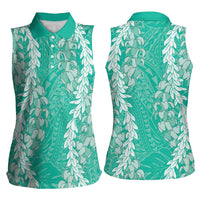 Puakenikeni and Maile Lei Women Sleeveless Polo Shirt Sage Green Double Strand Lei