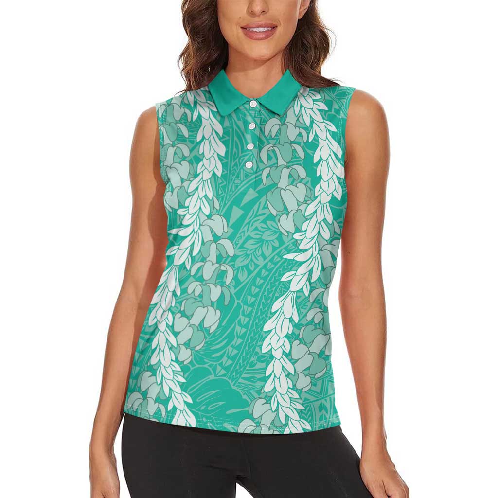 Puakenikeni and Maile Lei Women Sleeveless Polo Shirt Sage Green Double Strand Lei