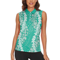 Puakenikeni and Maile Lei Women Sleeveless Polo Shirt Sage Green Double Strand Lei