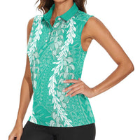 Puakenikeni and Maile Lei Women Sleeveless Polo Shirt Sage Green Double Strand Lei