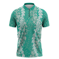 Puakenikeni and Maile Lei Zipper Polo Shirt Sage Green Double Strand Lei - Polynesian Pride