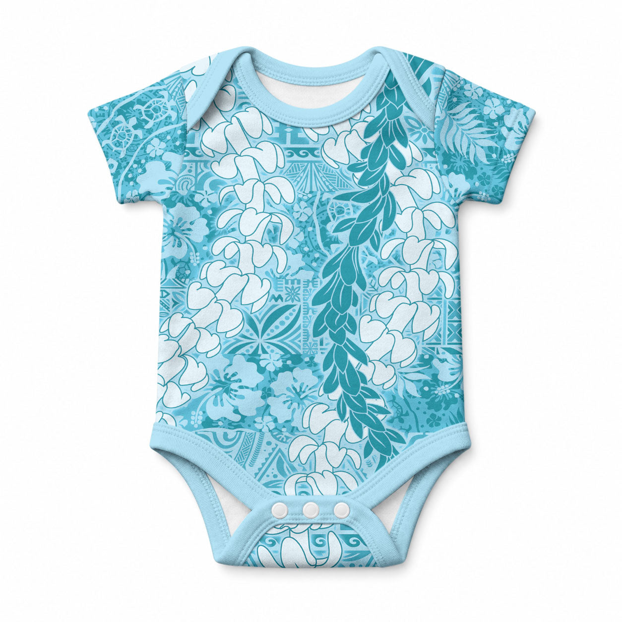 Blue Puakenikeni and Maile Lei Baby Onesie Hawaiian Style Tribal Tapa Double Strand Lei