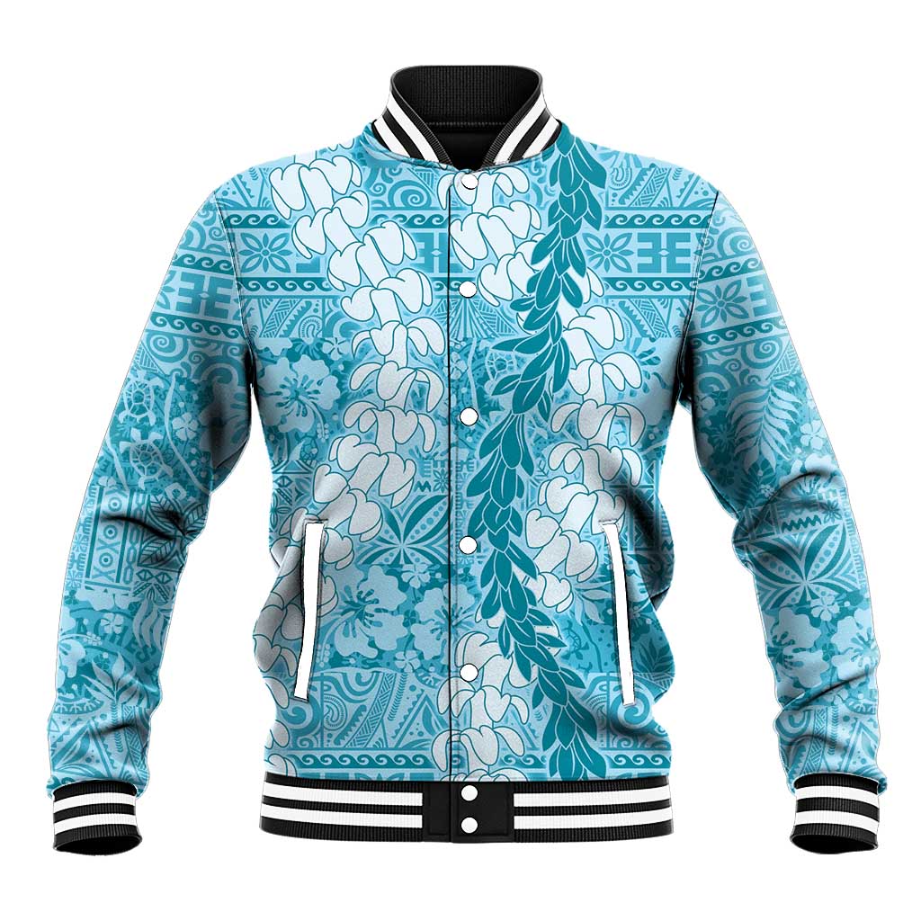 Blue Puakenikeni and Maile Lei Baseball Jacket Hawaiian Style Tribal Tapa Double Strand Lei