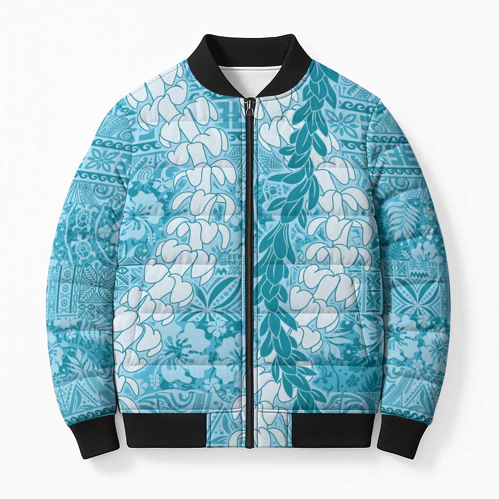Blue Puakenikeni and Maile Lei Bomber Puffer Jacket Hawaiian Style Tribal Tapa Double Strand Lei - Polynesian Pride
