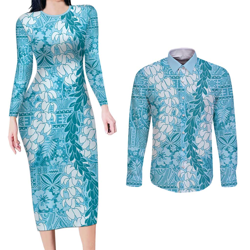 Blue Puakenikeni and Maile Lei Couples Matching Long Sleeve Bodycon Dress and Long Sleeve Button Shirt Hawaiian Style Tribal Tapa Double Strand Lei LT9 Blue - Polynesian Pride