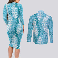Blue Puakenikeni and Maile Lei Couples Matching Long Sleeve Bodycon Dress and Long Sleeve Button Shirt Hawaiian Style Tribal Tapa Double Strand Lei LT9 - Polynesian Pride