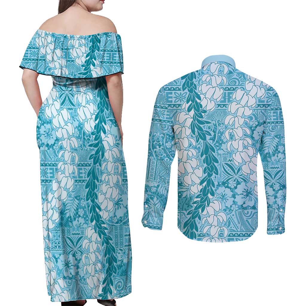 Blue Puakenikeni and Maile Lei Couples Matching Off Shoulder Maxi Dress and Long Sleeve Button Shirt Hawaiian Style Tribal Tapa Double Strand Lei LT9 - Polynesian Pride
