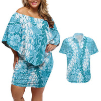 Blue Puakenikeni and Maile Lei Couples Matching Off Shoulder Short Dress and Hawaiian Shirt Hawaiian Style Tribal Tapa Double Strand Lei LT9 Blue - Polynesian Pride