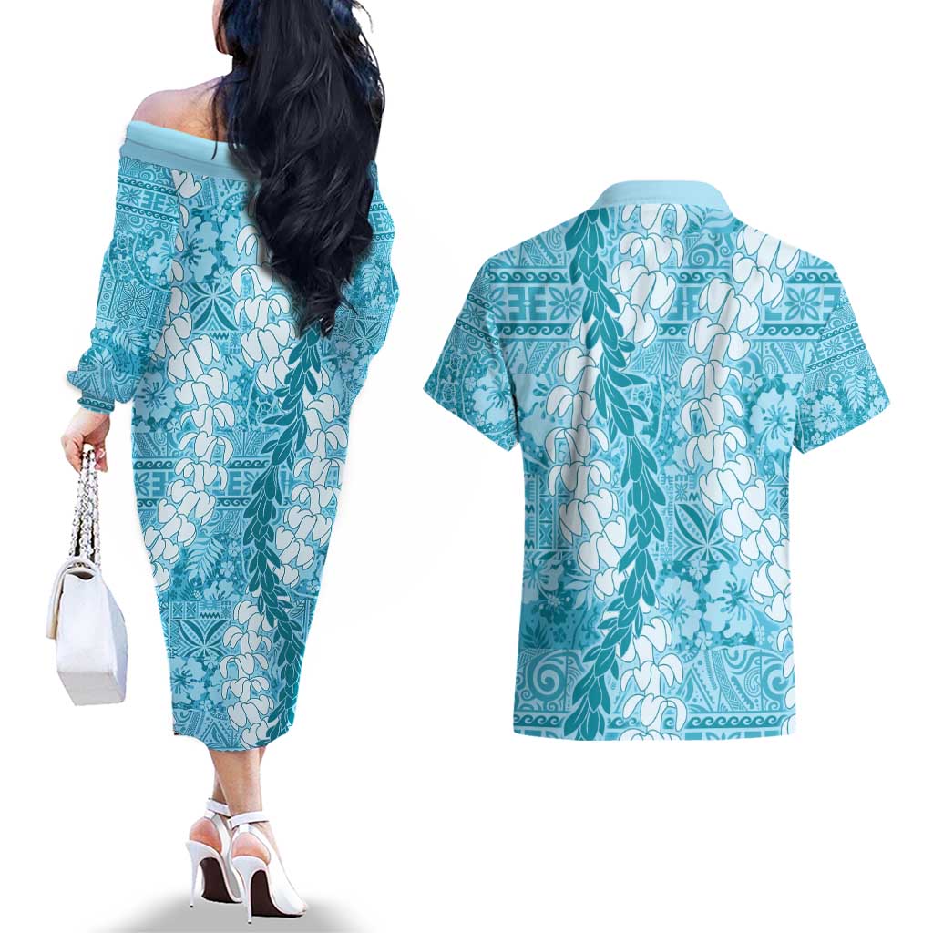 Blue Puakenikeni and Maile Lei Couples Matching Off The Shoulder Long Sleeve Dress and Hawaiian Shirt Hawaiian Style Tribal Tapa Double Strand Lei LT9 - Polynesian Pride