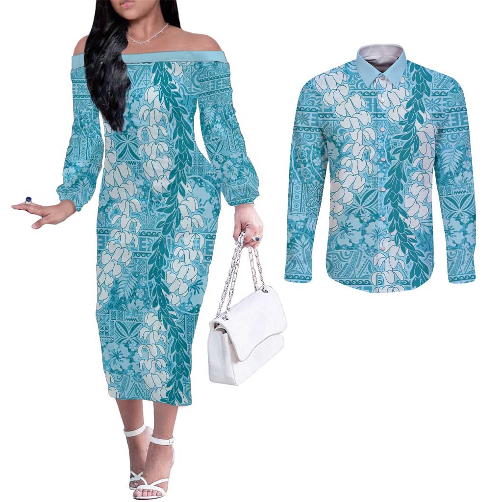Blue Puakenikeni and Maile Lei Couples Matching Off The Shoulder Long Sleeve Dress and Long Sleeve Button Shirt Hawaiian Style Tribal Tapa Double Strand Lei LT9 Blue - Polynesian Pride