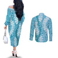Blue Puakenikeni and Maile Lei Couples Matching Off The Shoulder Long Sleeve Dress and Long Sleeve Button Shirt Hawaiian Style Tribal Tapa Double Strand Lei LT9 - Polynesian Pride