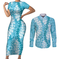 Blue Puakenikeni and Maile Lei Couples Matching Short Sleeve Bodycon Dress and Long Sleeve Button Shirt Hawaiian Style Tribal Tapa Double Strand Lei LT9 Blue - Polynesian Pride