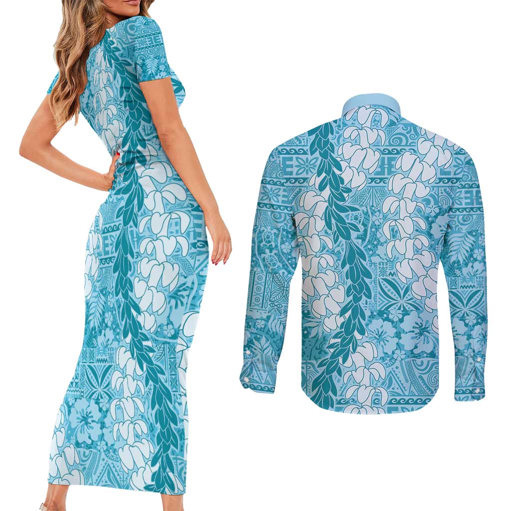 Blue Puakenikeni and Maile Lei Couples Matching Short Sleeve Bodycon Dress and Long Sleeve Button Shirt Hawaiian Style Tribal Tapa Double Strand Lei LT9 - Polynesian Pride