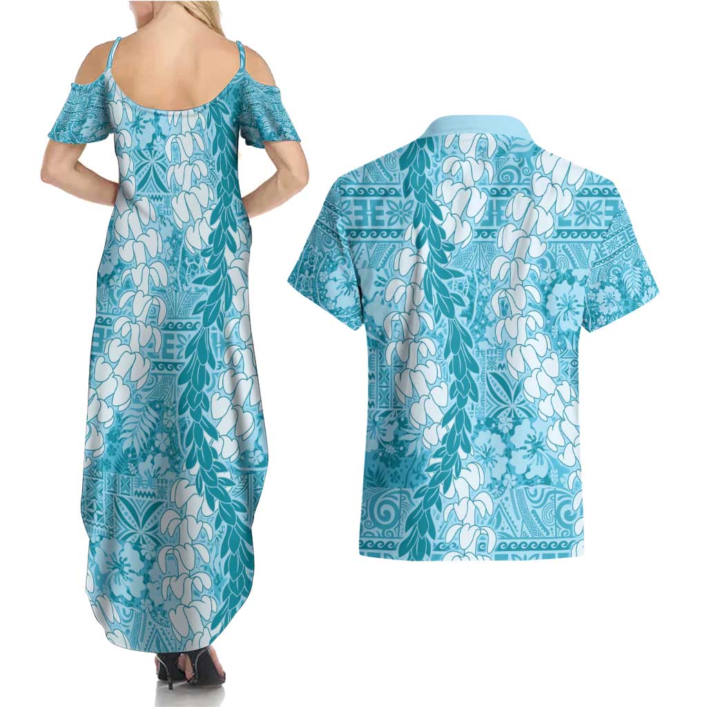 Blue Puakenikeni and Maile Lei Couples Matching Summer Maxi Dress and Hawaiian Shirt Hawaiian Style Tribal Tapa Double Strand Lei LT9 - Polynesian Pride