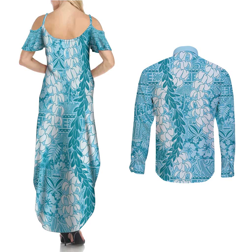Blue Puakenikeni and Maile Lei Couples Matching Summer Maxi Dress and Long Sleeve Button Shirt Hawaiian Style Tribal Tapa Double Strand Lei LT9 - Polynesian Pride