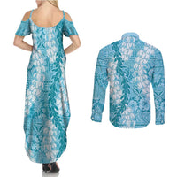 Blue Puakenikeni and Maile Lei Couples Matching Summer Maxi Dress and Long Sleeve Button Shirt Hawaiian Style Tribal Tapa Double Strand Lei LT9 - Polynesian Pride