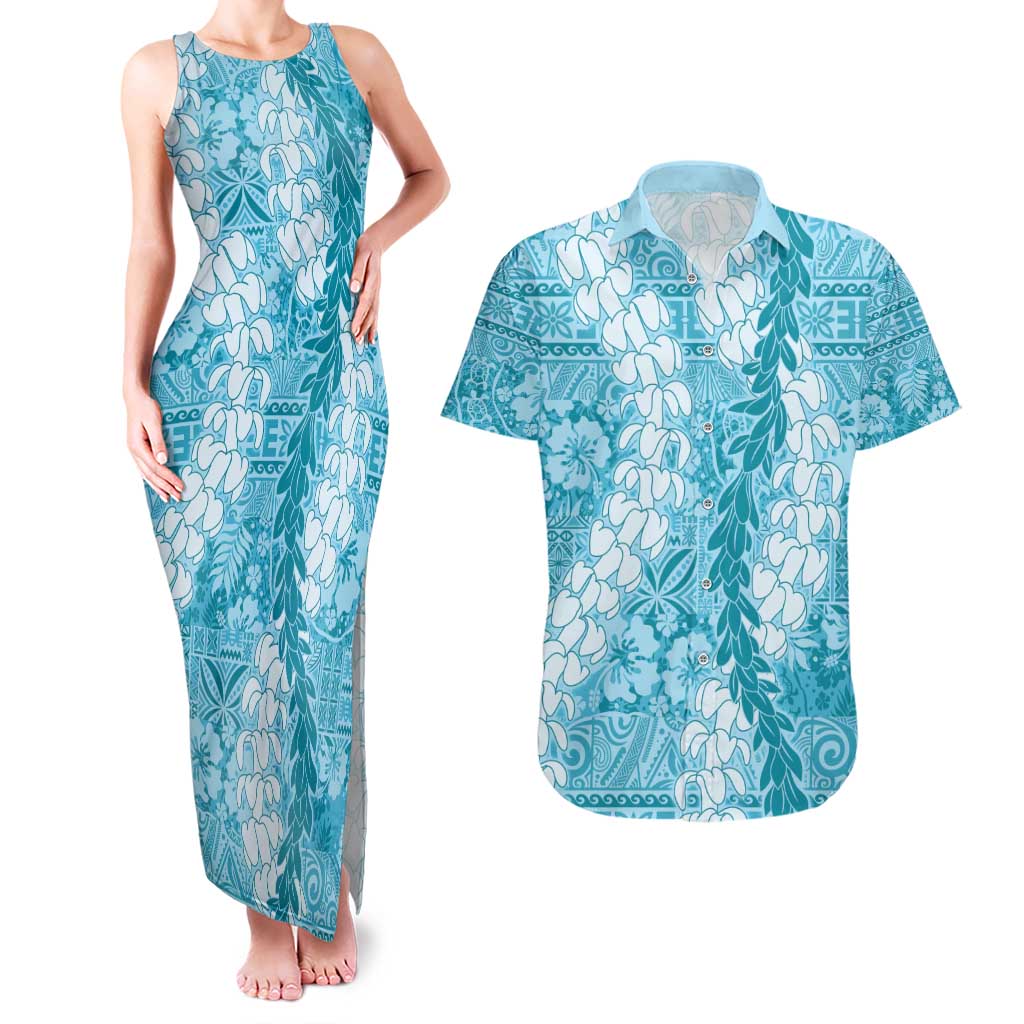 Blue Puakenikeni and Maile Lei Couples Matching Tank Maxi Dress and Hawaiian Shirt Hawaiian Style Tribal Tapa Double Strand Lei LT9 Blue - Polynesian Pride