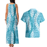 Blue Puakenikeni and Maile Lei Couples Matching Tank Maxi Dress and Hawaiian Shirt Hawaiian Style Tribal Tapa Double Strand Lei LT9 - Polynesian Pride
