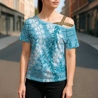 Blue Puakenikeni and Maile Lei Cross Shoulder Shirt Hawaiian Style Tribal Tapa Double Strand Lei - Polynesian Pride
