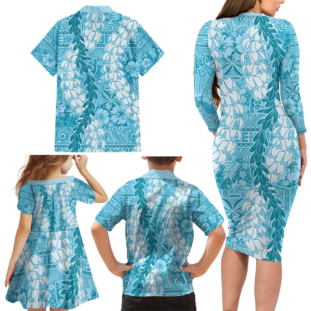Blue Puakenikeni and Maile Lei Family Matching Long Sleeve Bodycon Dress and Hawaiian Shirt Hawaiian Style Tribal Tapa Double Strand Lei LT9 - Polynesian Pride