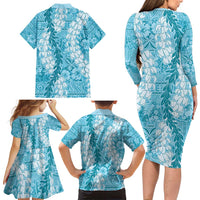 Blue Puakenikeni and Maile Lei Family Matching Long Sleeve Bodycon Dress and Hawaiian Shirt Hawaiian Style Tribal Tapa Double Strand Lei LT9 - Polynesian Pride