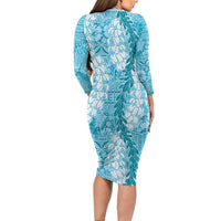 Blue Puakenikeni and Maile Lei Family Matching Long Sleeve Bodycon Dress and Hawaiian Shirt Hawaiian Style Tribal Tapa Double Strand Lei LT9 - Polynesian Pride