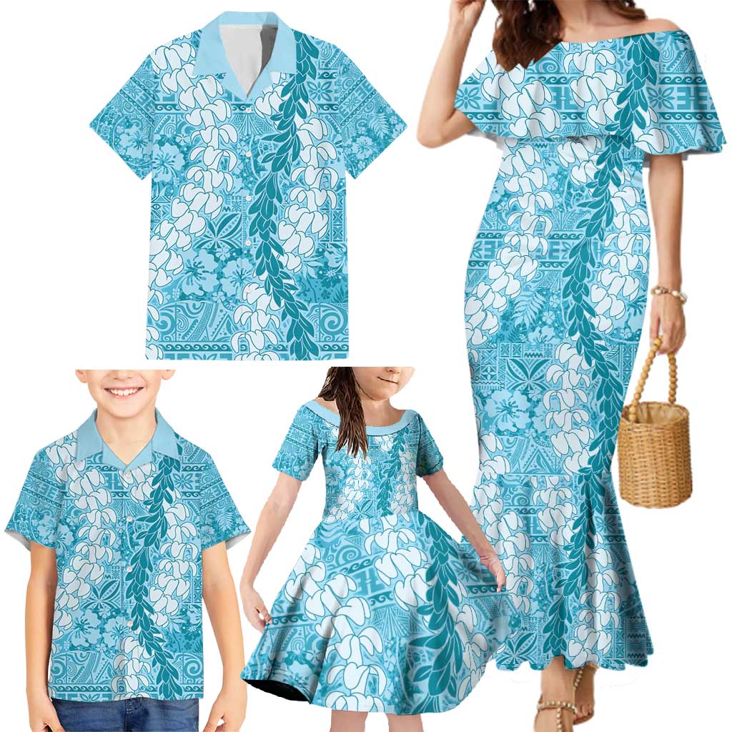 Blue Puakenikeni and Maile Lei Family Matching Mermaid Dress and Hawaiian Shirt Hawaiian Style Tribal Tapa Double Strand Lei LT9 - Polynesian Pride