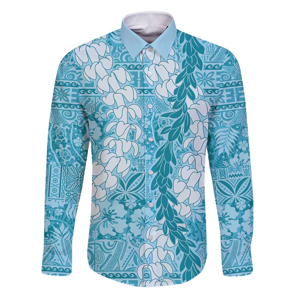 Blue Puakenikeni and Maile Lei Family Matching Mermaid Dress and Hawaiian Shirt Hawaiian Style Tribal Tapa Double Strand Lei LT9 Dad's Shirt - Long Sleeve Blue - Polynesian Pride