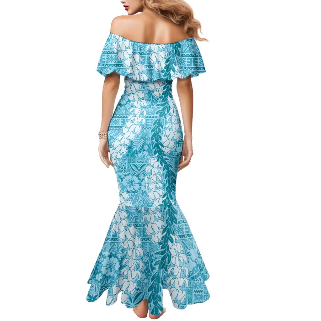 Blue Puakenikeni and Maile Lei Family Matching Mermaid Dress and Hawaiian Shirt Hawaiian Style Tribal Tapa Double Strand Lei LT9 - Polynesian Pride