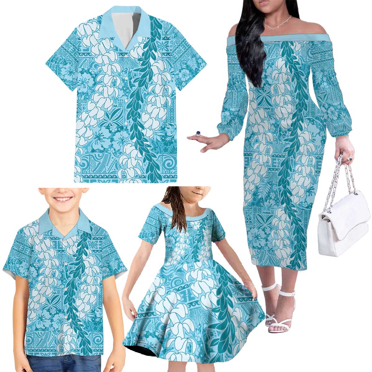 Blue Puakenikeni and Maile Lei Family Matching Off The Shoulder Long Sleeve Dress and Hawaiian Shirt Hawaiian Style Tribal Tapa Double Strand Lei LT9 - Polynesian Pride
