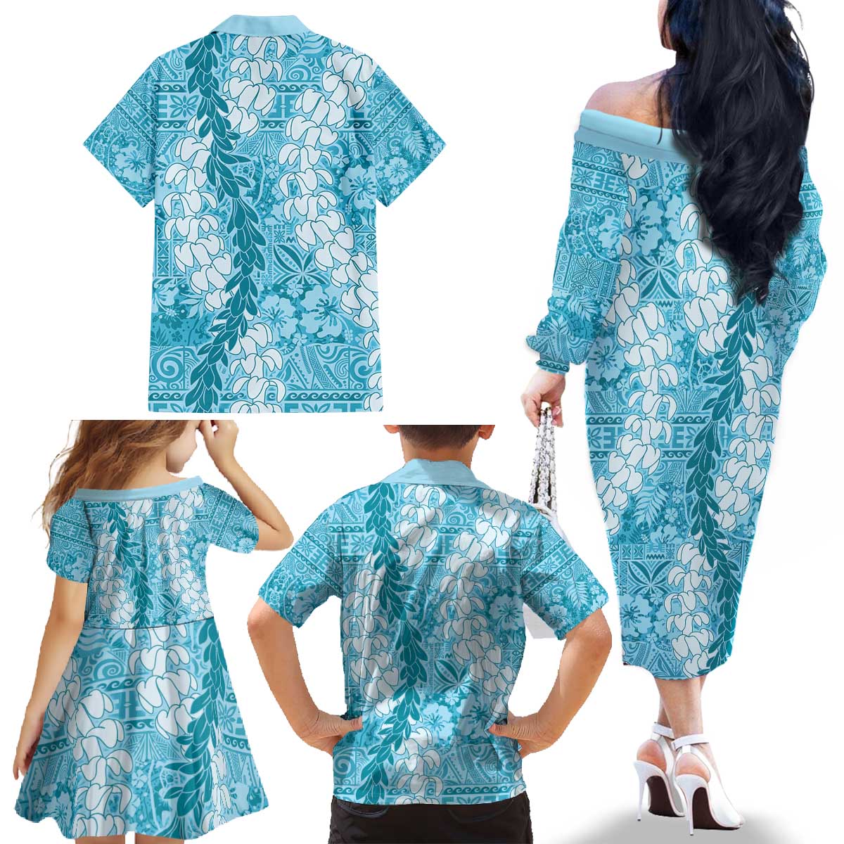 Blue Puakenikeni and Maile Lei Family Matching Off The Shoulder Long Sleeve Dress and Hawaiian Shirt Hawaiian Style Tribal Tapa Double Strand Lei LT9 - Polynesian Pride