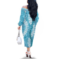 Blue Puakenikeni and Maile Lei Family Matching Off The Shoulder Long Sleeve Dress and Hawaiian Shirt Hawaiian Style Tribal Tapa Double Strand Lei LT9 - Polynesian Pride