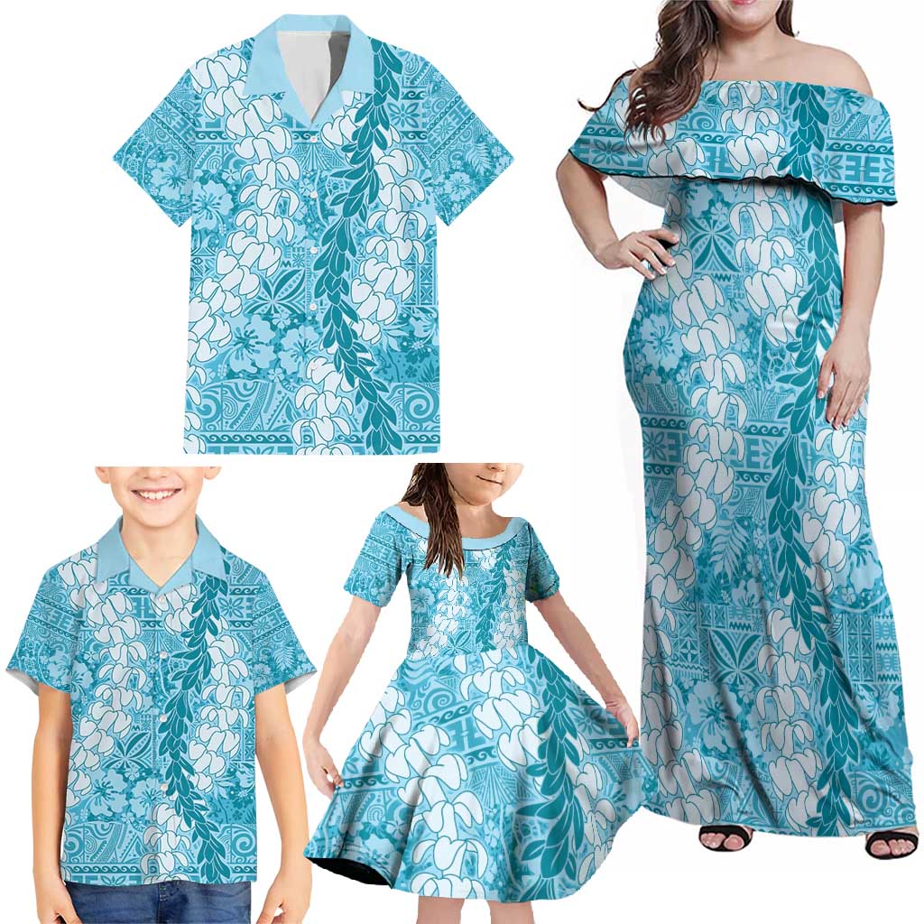 Blue Puakenikeni and Maile Lei Family Matching Off Shoulder Maxi Dress and Hawaiian Shirt Hawaiian Style Tribal Tapa Double Strand Lei LT9 - Polynesian Pride