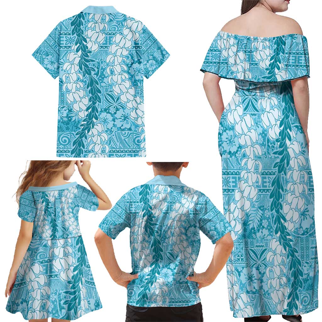 Blue Puakenikeni and Maile Lei Family Matching Off Shoulder Maxi Dress and Hawaiian Shirt Hawaiian Style Tribal Tapa Double Strand Lei LT9 - Polynesian Pride