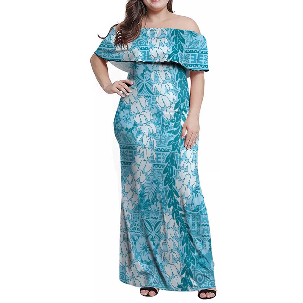 Blue Puakenikeni and Maile Lei Family Matching Off Shoulder Maxi Dress and Hawaiian Shirt Hawaiian Style Tribal Tapa Double Strand Lei LT9 Mom's Dress Blue - Polynesian Pride